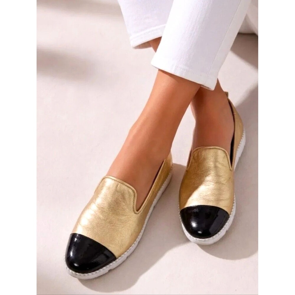 Paul Green Daniella leather Gold Black Loafers Size 7 US Slip-On made in Austria